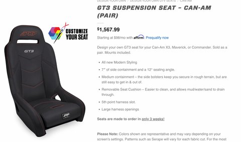 PRP GT3 Pair of custom seats Can Am X3 for CE